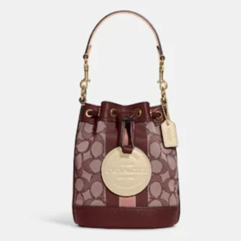 COACH MINI DEMPSEY BUCKET BAG IN SIGNATURE JACQUARD WITH STRIPE & COACH PATCH